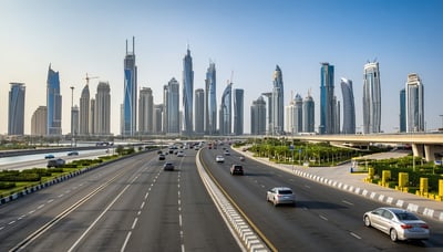 Dubai skyline with modern roads and vehicles Dubai skyline with modern roads and vehicles